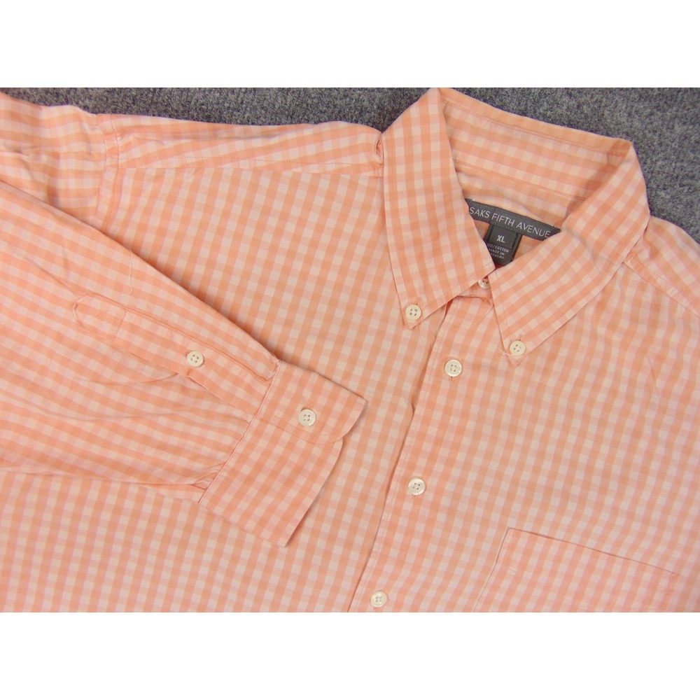 Saks Fifth Avenue Shirt Mens Orange Peach White Gingham Check Long Sleeve Cotton